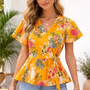 Live 4 Truth Floral Wrap Top XS Bright Golden Peplum Blouse Tie Waist Boho